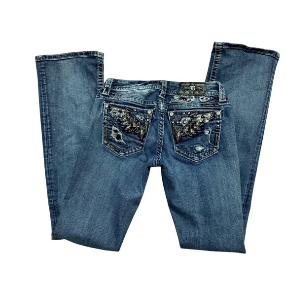 Miss Me Womens Low Rise Bootcut Distressed Blue Denim Jeans Size 27 - Picture 2 of 10
